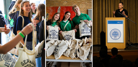 Studierende und Helfende bei der Ausgabe der Erstsemestertüten sowie Rektor Ansgar Thiel bei seiner Begrüßungsrede